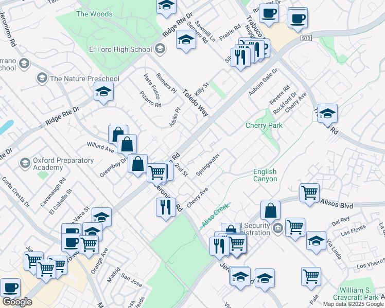 map of restaurants, bars, coffee shops, grocery stores, and more near 22941 Moonstone Lane in Lake Forest