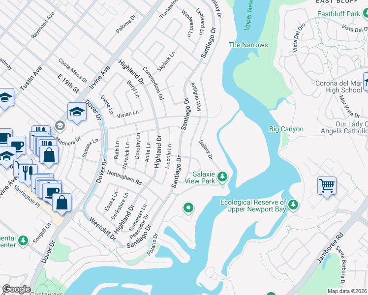 map of restaurants, bars, coffee shops, grocery stores, and more near 1409 Antigua Way in Newport Beach
