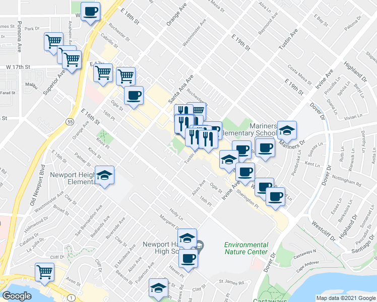 map of restaurants, bars, coffee shops, grocery stores, and more near 1659 Tustin Avenue in Costa Mesa