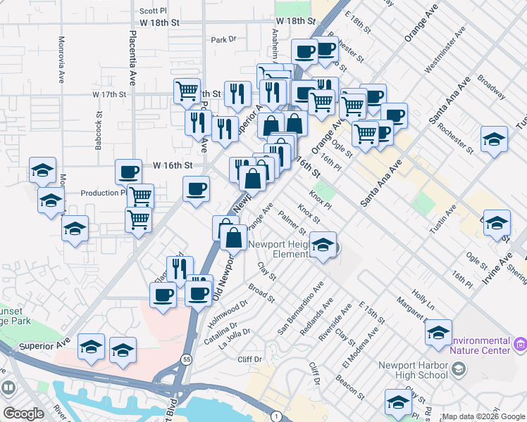 map of restaurants, bars, coffee shops, grocery stores, and more near 1502 Orange Avenue in Costa Mesa