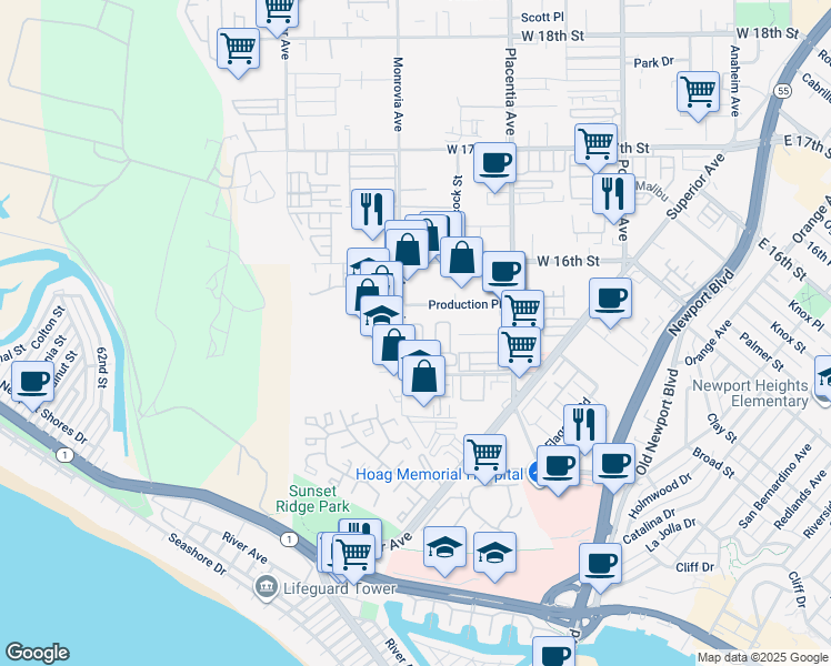 map of restaurants, bars, coffee shops, grocery stores, and more near 890 West 15th Street in Newport Beach