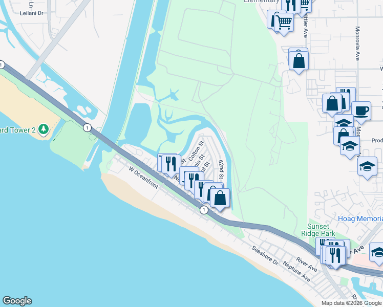 map of restaurants, bars, coffee shops, grocery stores, and more near 401 Lugonia Street in Newport Beach