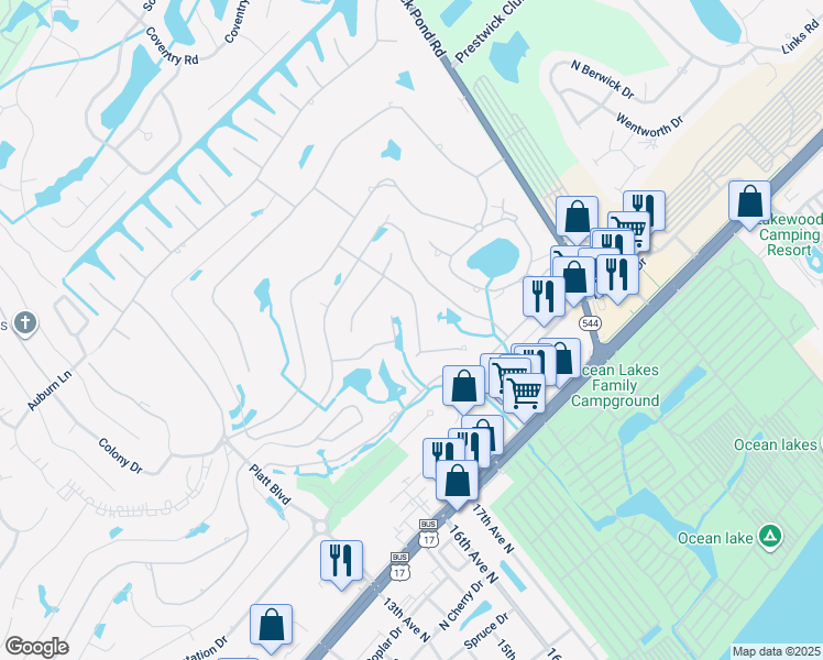 map of restaurants, bars, coffee shops, grocery stores, and more near 1421 Turkey Ridge Road in Myrtle Beach