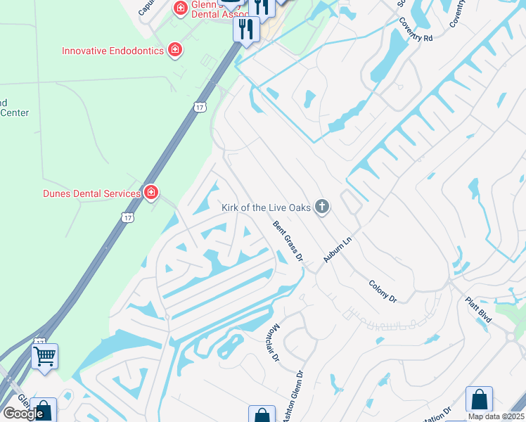 map of restaurants, bars, coffee shops, grocery stores, and more near 1961 Bent Grass Drive in Myrtle Beach