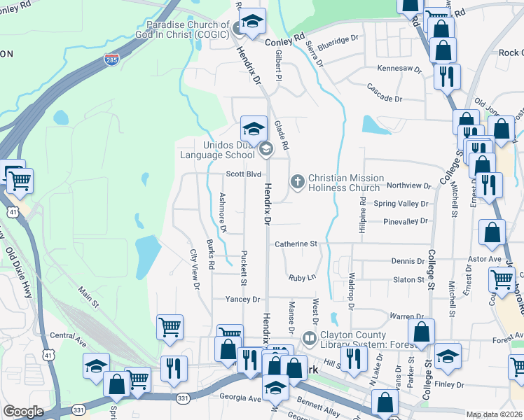 map of restaurants, bars, coffee shops, grocery stores, and more near 4575 Hendrix Drive in Forest Park
