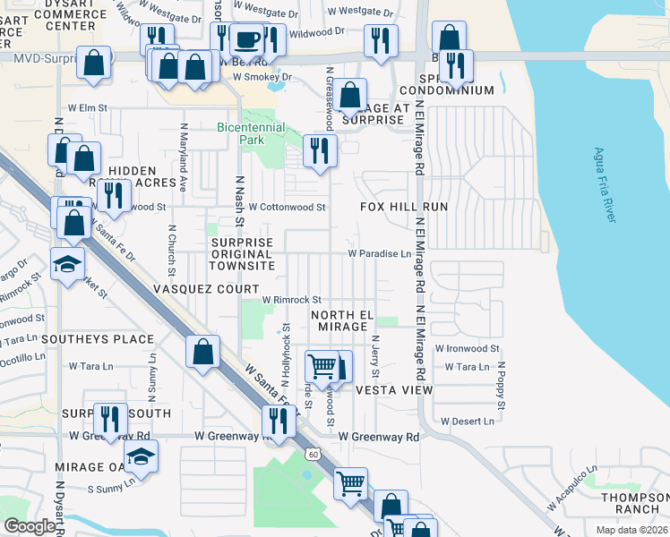 map of restaurants, bars, coffee shops, grocery stores, and more near 16033 North Greasewood Street in Surprise