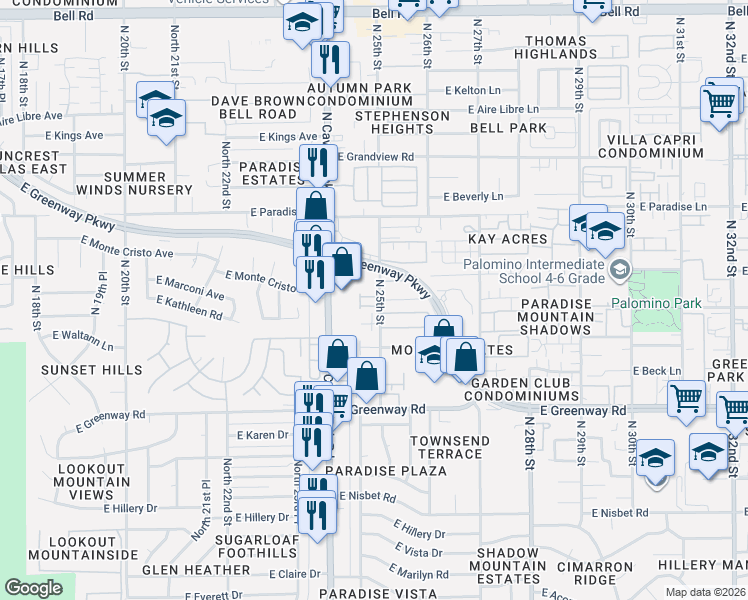 map of restaurants, bars, coffee shops, grocery stores, and more near 15818 North 25th Street in Phoenix