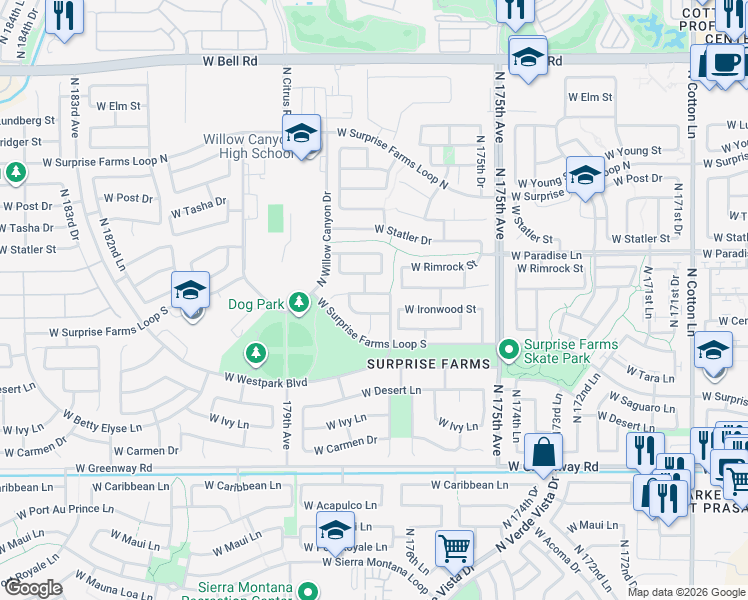 map of restaurants, bars, coffee shops, grocery stores, and more near 17718 West Ironwood Street in Surprise