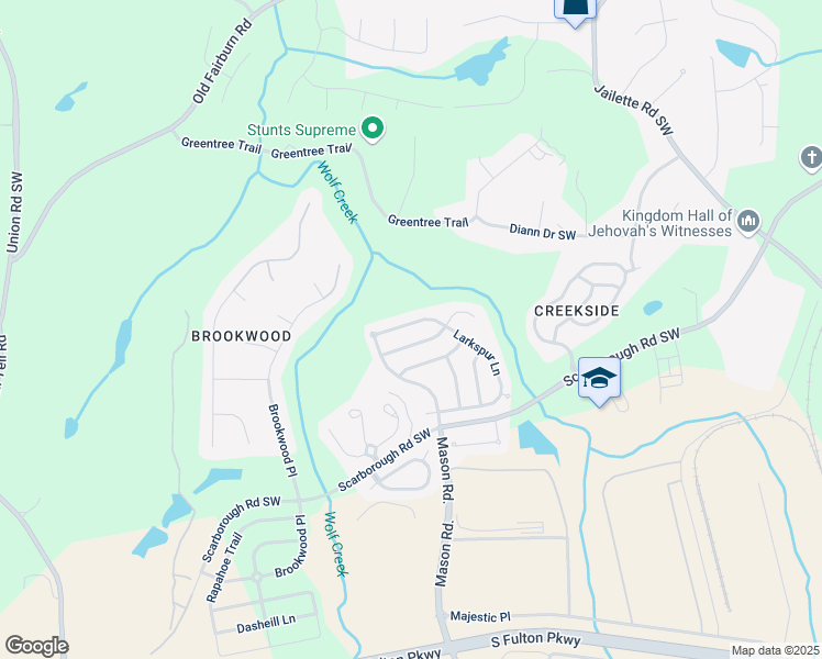 map of restaurants, bars, coffee shops, grocery stores, and more near 5016 Larkspur Lane in Atlanta