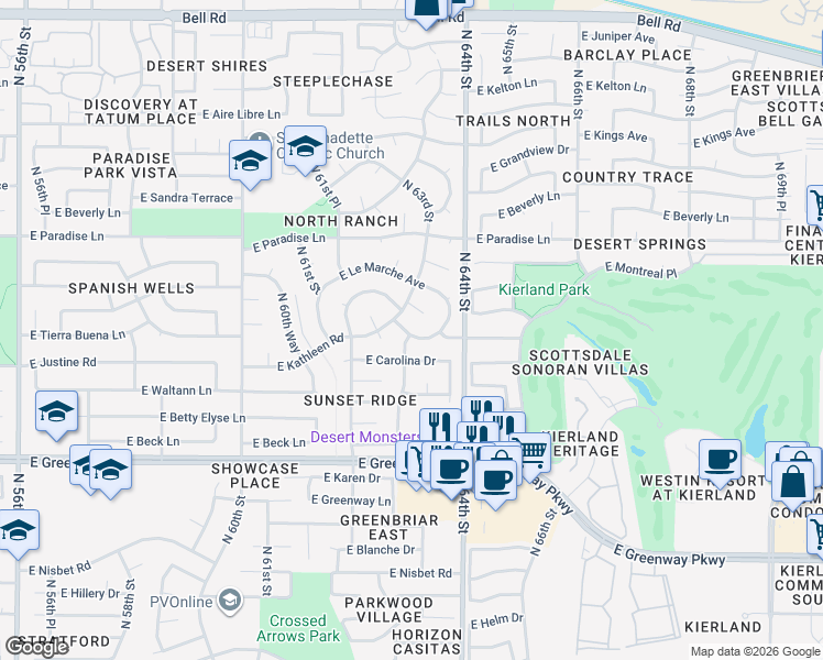 map of restaurants, bars, coffee shops, grocery stores, and more near 6318 East Kathleen Road in Scottsdale