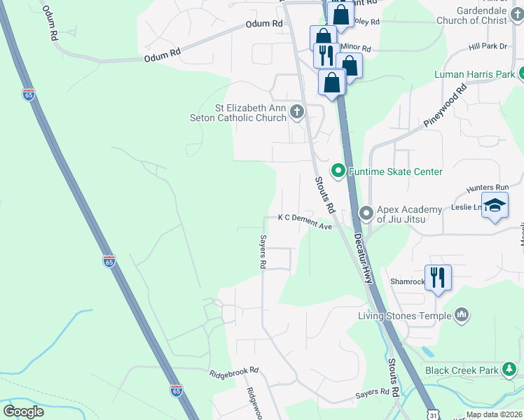 map of restaurants, bars, coffee shops, grocery stores, and more near 1813 K C Dement Avenue in Fultondale