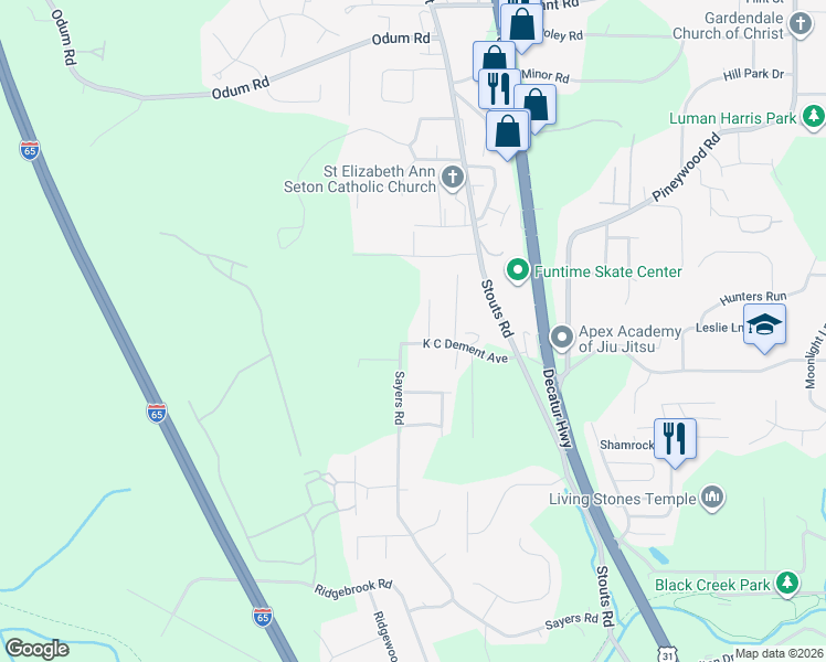map of restaurants, bars, coffee shops, grocery stores, and more near 1813 K C Dement Avenue in Fultondale