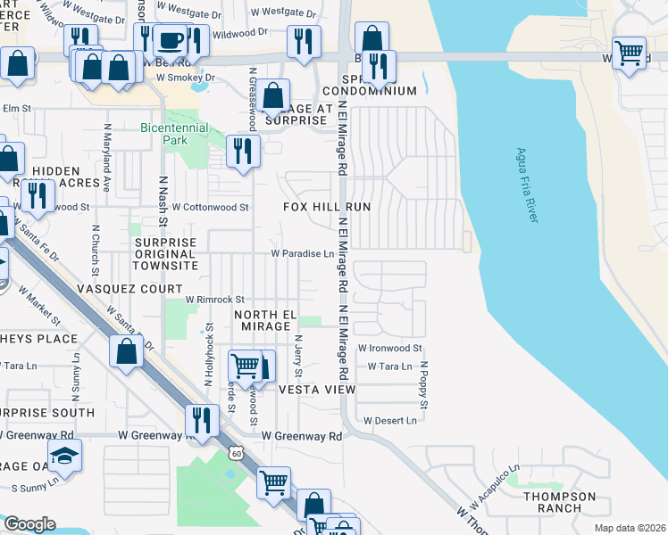 map of restaurants, bars, coffee shops, grocery stores, and more near 12369 West Paradise Lane in Surprise