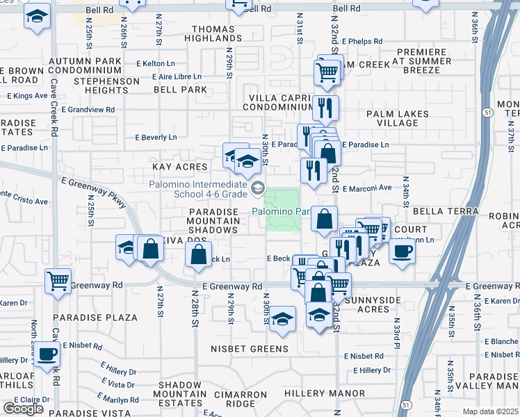 map of restaurants, bars, coffee shops, grocery stores, and more near 15650 North 29th Way in Phoenix