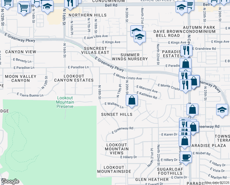 map of restaurants, bars, coffee shops, grocery stores, and more near 1918 East Tierra Buena Lane in Phoenix