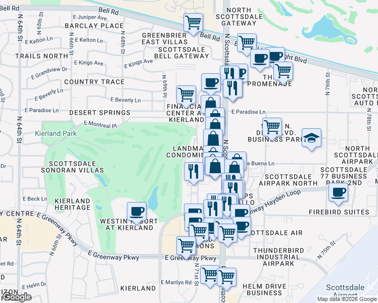 map of restaurants, bars, coffee shops, grocery stores, and more near 15802 North 71st Street in Scottsdale