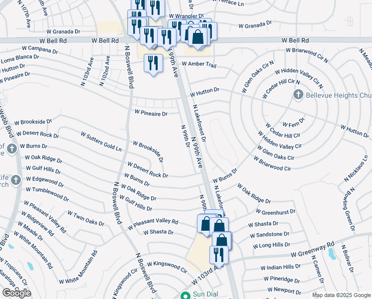 map of restaurants, bars, coffee shops, grocery stores, and more near 16022 North 99th Drive in Sun City