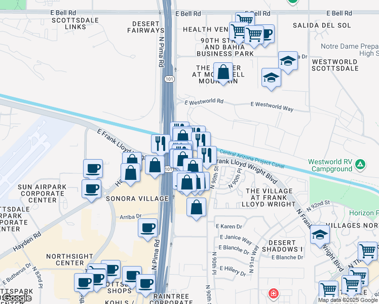 map of restaurants, bars, coffee shops, grocery stores, and more near 15811 North Frank Lloyd Wright Boulevard in Scottsdale
