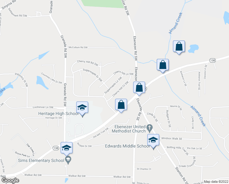 map of restaurants, bars, coffee shops, grocery stores, and more near 1619 Cherry Hill Court Southwest in Conyers
