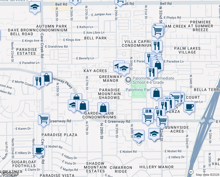 map of restaurants, bars, coffee shops, grocery stores, and more near 2826 East Tracy Lane in Phoenix