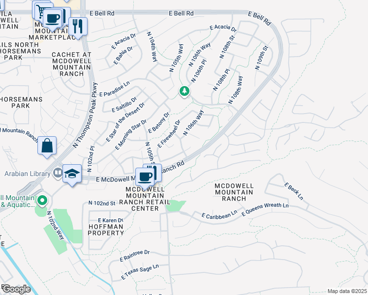 map of restaurants, bars, coffee shops, grocery stores, and more near 10607 East Tierra Buena Lane in Scottsdale