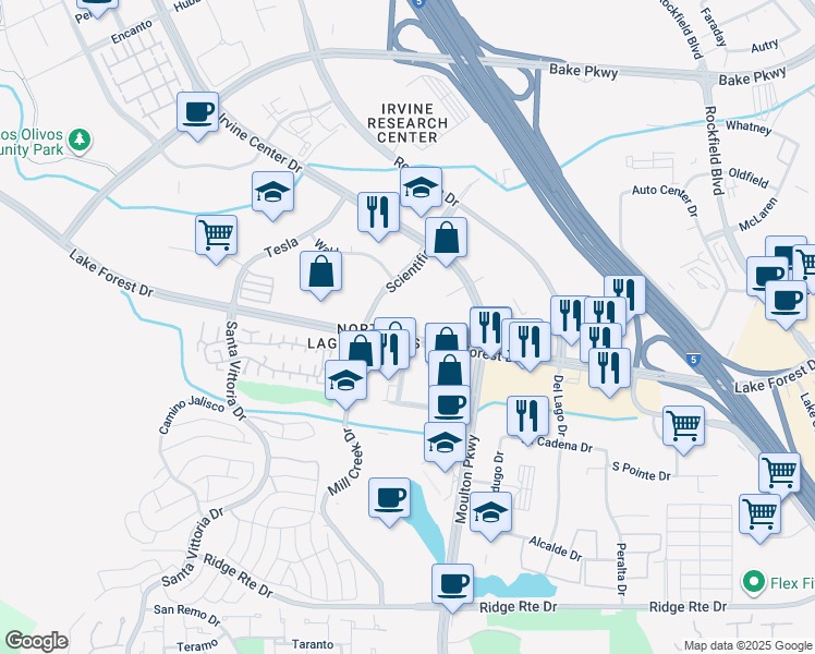map of restaurants, bars, coffee shops, grocery stores, and more near 16501 Lake Forest Drive in Lake Forest