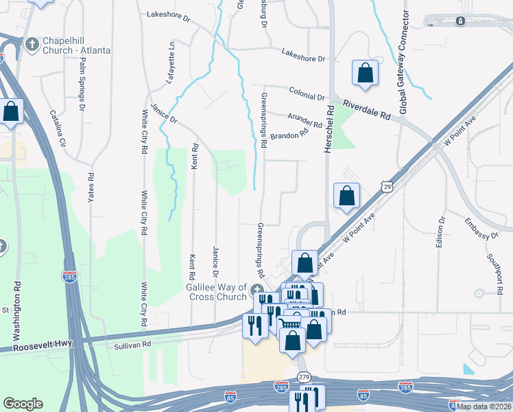 map of restaurants, bars, coffee shops, grocery stores, and more near 4605 Greensprings Road in College Park