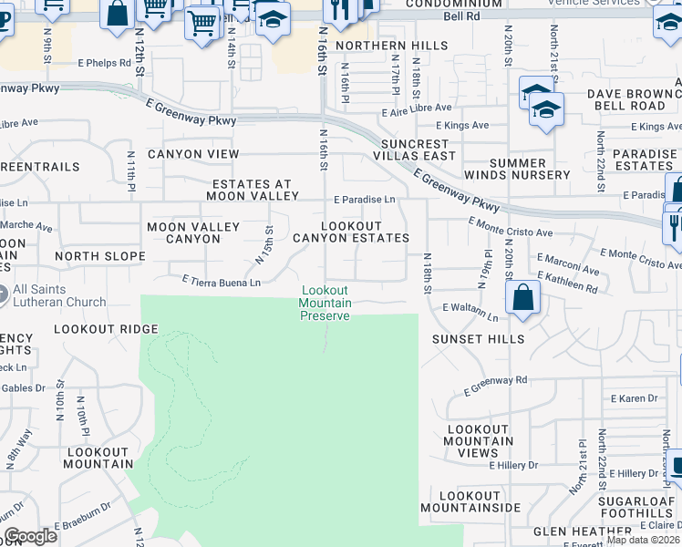 map of restaurants, bars, coffee shops, grocery stores, and more near 1625 East Kathleen Road in Phoenix
