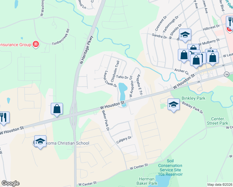 map of restaurants, bars, coffee shops, grocery stores, and more near 108 Laurel Creek Drive in Sherman