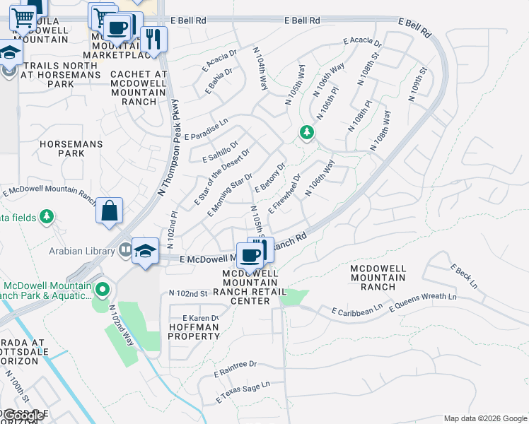 map of restaurants, bars, coffee shops, grocery stores, and more near 10532 East Firewheel Drive in Scottsdale