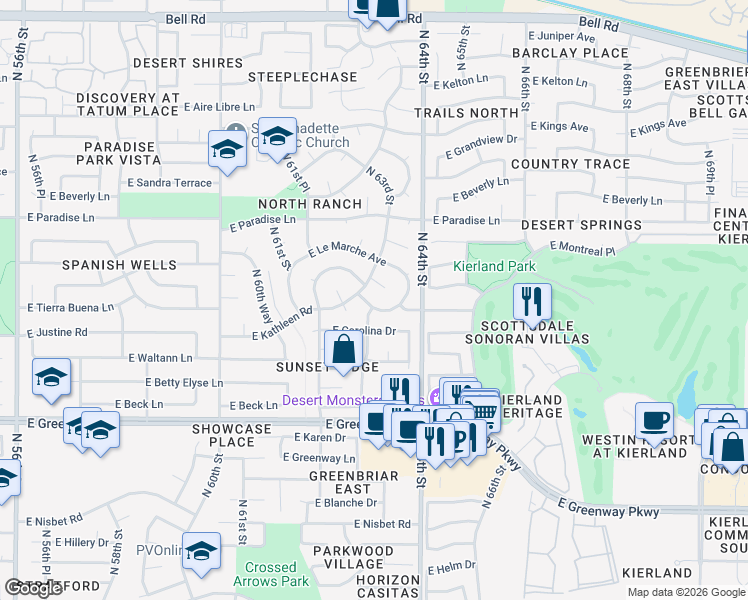 map of restaurants, bars, coffee shops, grocery stores, and more near 6318 East Kathleen Road in Scottsdale
