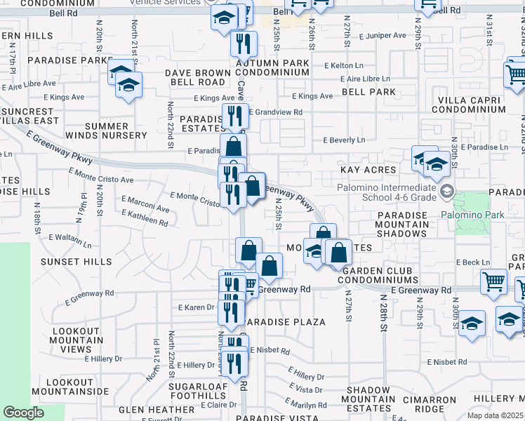 map of restaurants, bars, coffee shops, grocery stores, and more near 15818 North 25th Street in Phoenix