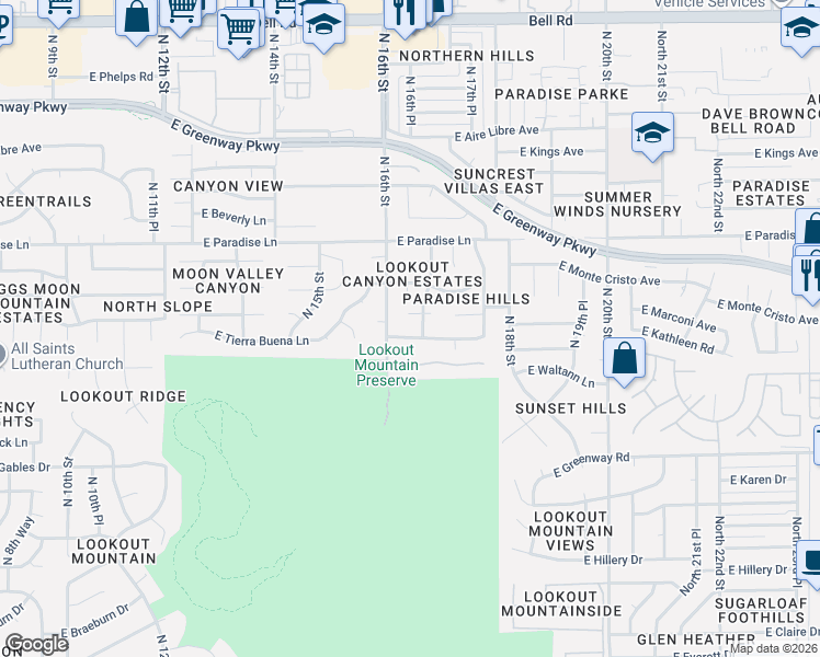 map of restaurants, bars, coffee shops, grocery stores, and more near 1625 East Kathleen Road in Phoenix