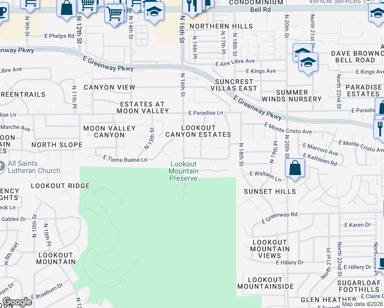 map of restaurants, bars, coffee shops, grocery stores, and more near 1625 East Kathleen Road in Phoenix