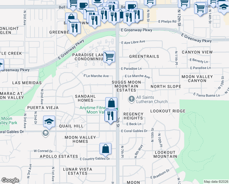 map of restaurants, bars, coffee shops, grocery stores, and more near 437 East Marconi Avenue in Phoenix