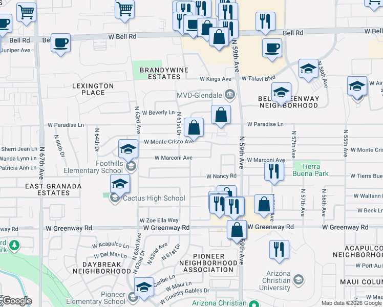 map of restaurants, bars, coffee shops, grocery stores, and more near 6031 West Marconi Avenue in Glendale