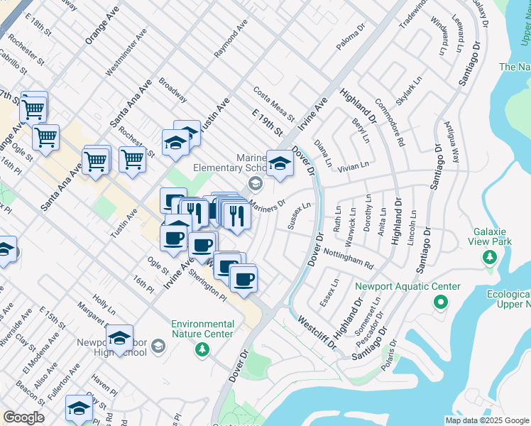 map of restaurants, bars, coffee shops, grocery stores, and more near 1256 Rutland Road in Newport Beach