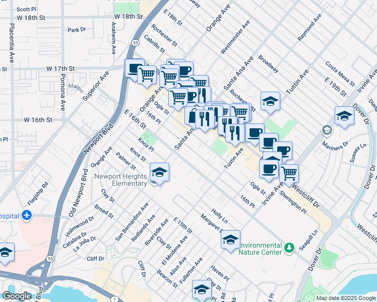 map of restaurants, bars, coffee shops, grocery stores, and more near 335 16th Place in Costa Mesa