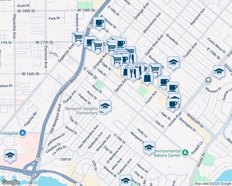 map of restaurants, bars, coffee shops, grocery stores, and more near 307 East 16th Street in Costa Mesa