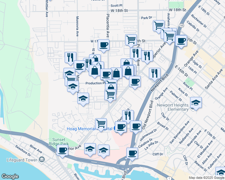 map of restaurants, bars, coffee shops, grocery stores, and more near 1530 Placentia Avenue in Newport Beach