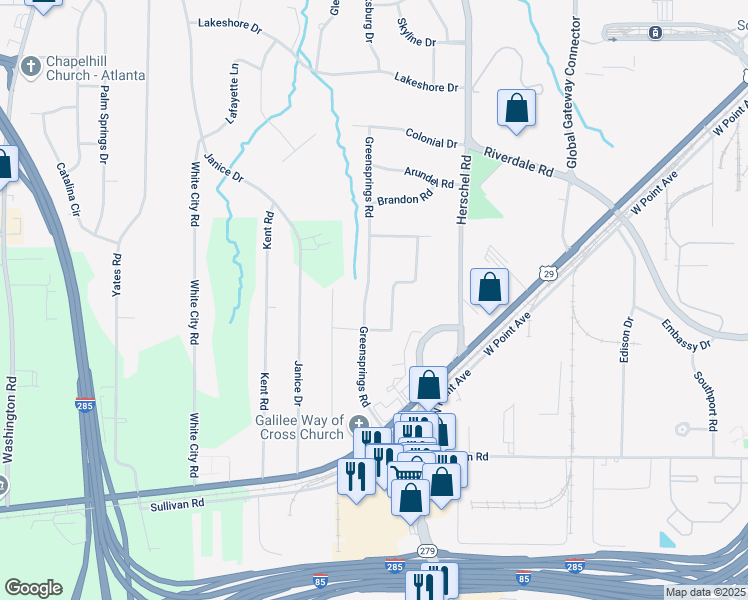 map of restaurants, bars, coffee shops, grocery stores, and more near 4606 Greensprings Road in Atlanta