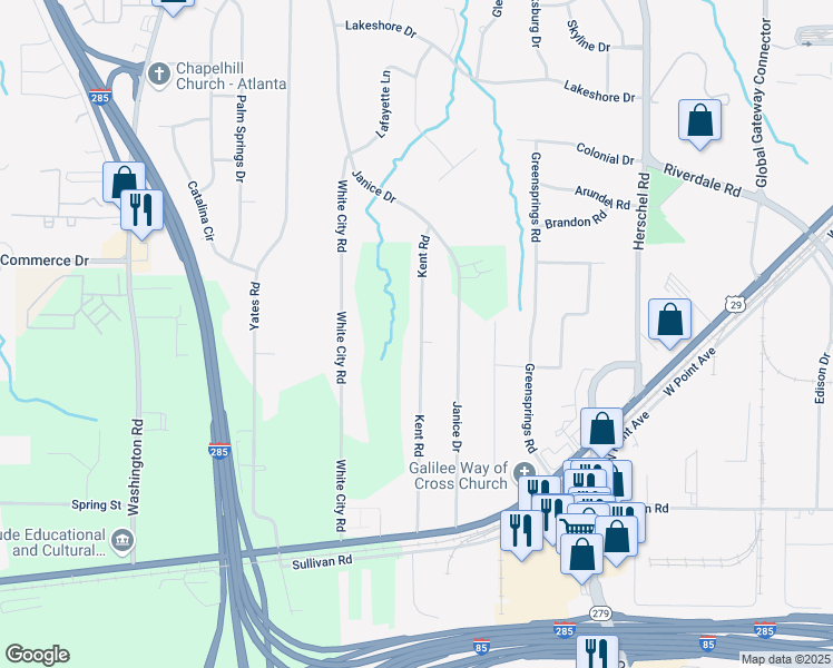 map of restaurants, bars, coffee shops, grocery stores, and more near 4625 Kent Road in College Park