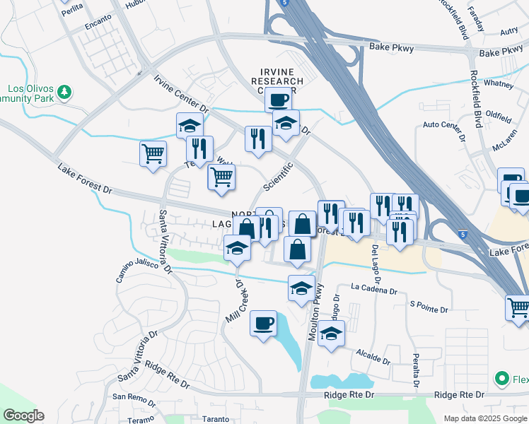 map of restaurants, bars, coffee shops, grocery stores, and more near 16501 Lake Forest Drive in Lake Forest