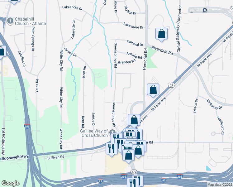 map of restaurants, bars, coffee shops, grocery stores, and more near 4606 Greensprings Road in Atlanta