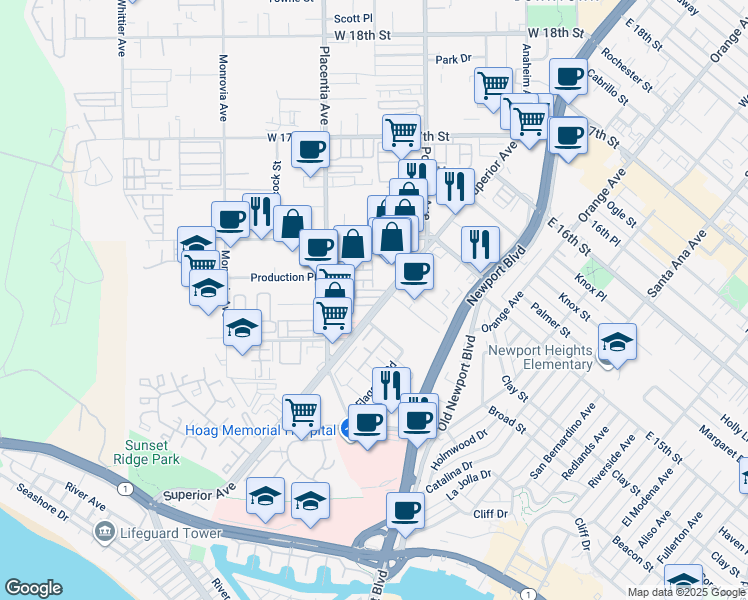 map of restaurants, bars, coffee shops, grocery stores, and more near 1535 Superior Avenue in Newport Beach