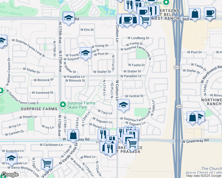 map of restaurants, bars, coffee shops, grocery stores, and more near 16030 North 171st Drive in Surprise