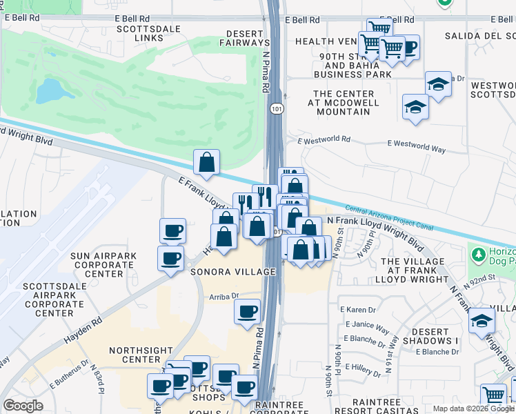 map of restaurants, bars, coffee shops, grocery stores, and more near 8740 East Frank Lloyd Wright Boulevard in Scottsdale