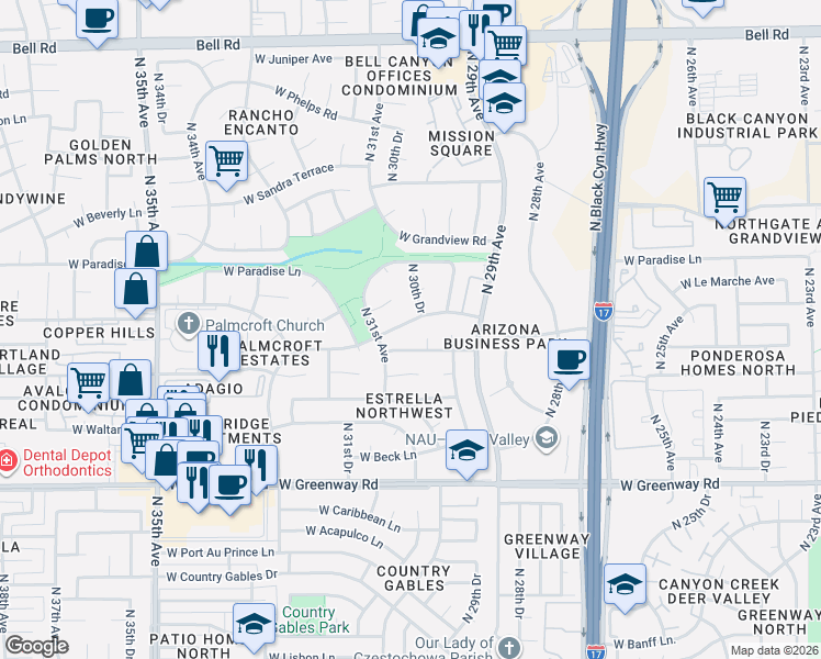 map of restaurants, bars, coffee shops, grocery stores, and more near 15802 North 30th Drive in Phoenix