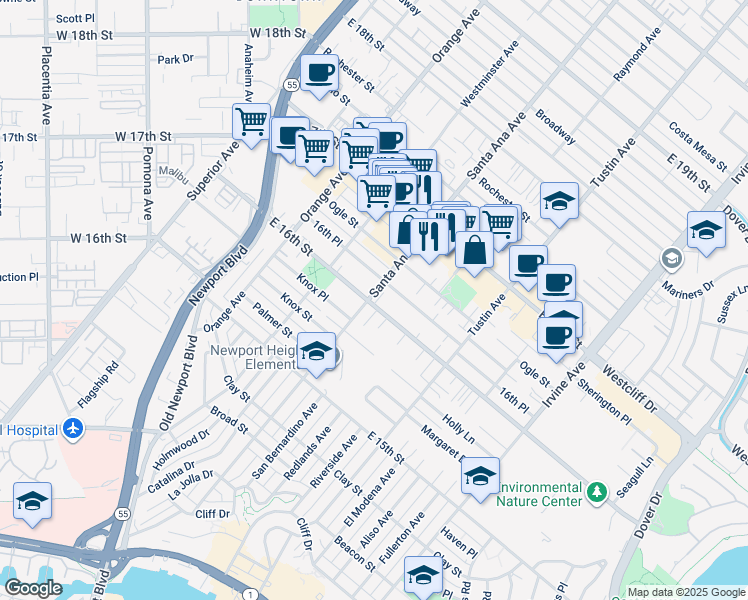 map of restaurants, bars, coffee shops, grocery stores, and more near 307 East 16th Street in Costa Mesa