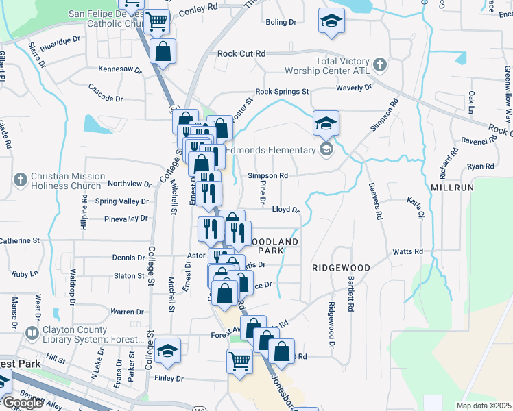 map of restaurants, bars, coffee shops, grocery stores, and more near 1088 Lloyd Drive in Forest Park